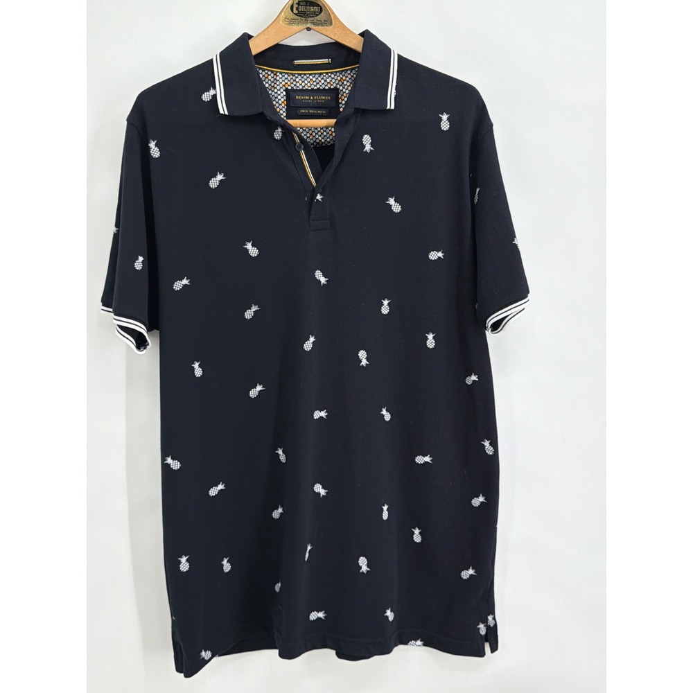 Denim & Flower XL Navy Blue Pineapple Print Cotton Pique Polo Shirt‎ Slim Fit